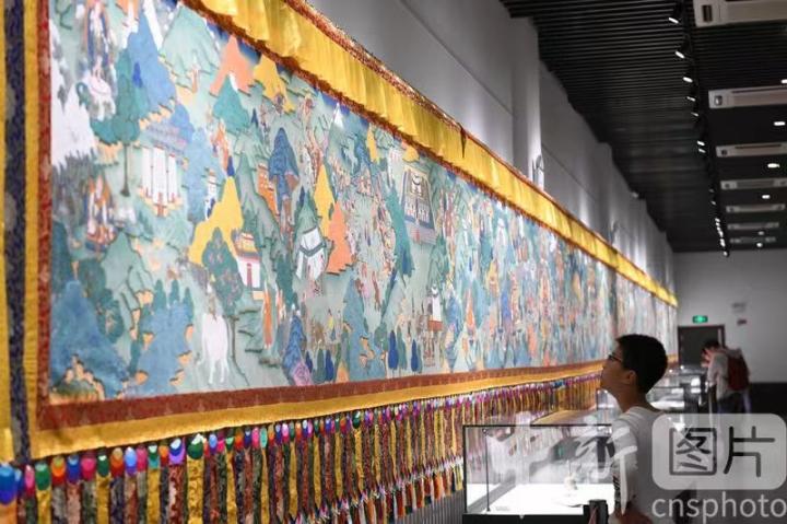 圖為一名小朋友觀看唐卡《涼州會盟》。 中新社記者 戴文昌 攝